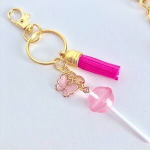 New Lollipop Sucker Dangling Keychain Tassel Butterfly Charm Zipper Pull Clasp